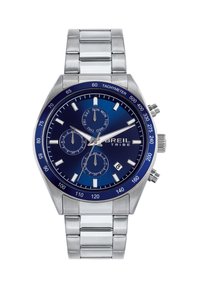 Montre chronographe en acier inoxydable avec un cadran bleu, des marqueurs blancs et des sous-cadrans. Dispose d'un tachymètre et d'un affichage de la date à 6 heures.