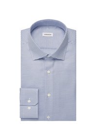 Lichtblauwe overhemd met een geruit patroon, voorzien van een spread collar en knoopmanchetten. Gemaakt van katoen met witte knopen. Plat liggend ontwerp.