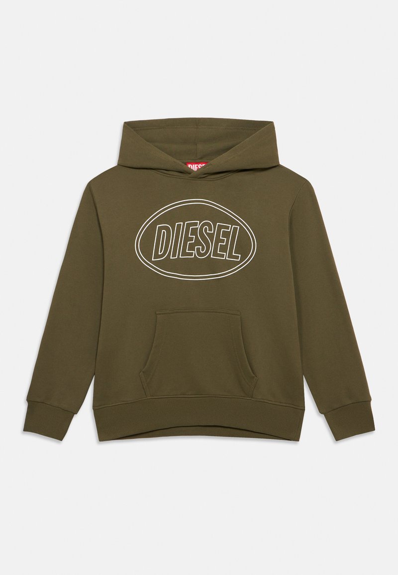 Λαδί πράσινο φούτερ με κουκούλα, μπροστινή τσέπη και λευκό περίγραμμα λογότυπου "DIESEL" μέσα σε οβάλ στο στήθος.