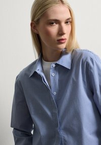 Camisa de cuadros azul y blanca con cuello puntiagudo, textura de tela nítida y botones blancos. Un diseño ajustado y entallado.