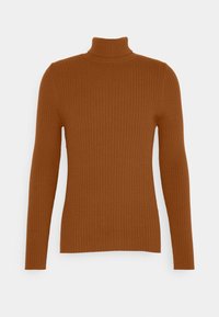 Maglione dolcevita marrone a coste con maniche lunghe, caratterizzato da una vestibilità aderente e da un motivo testurizzato su tutta la superficie. Tessuto liscio.