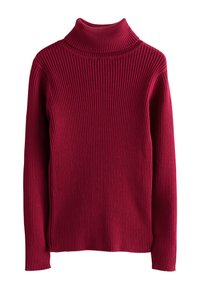 Maglione a collo alto color cremisi con costine e maniche lunghe. Presenta un colletto aderente e un motivo lavorato a maglia che aggiunge profondità.