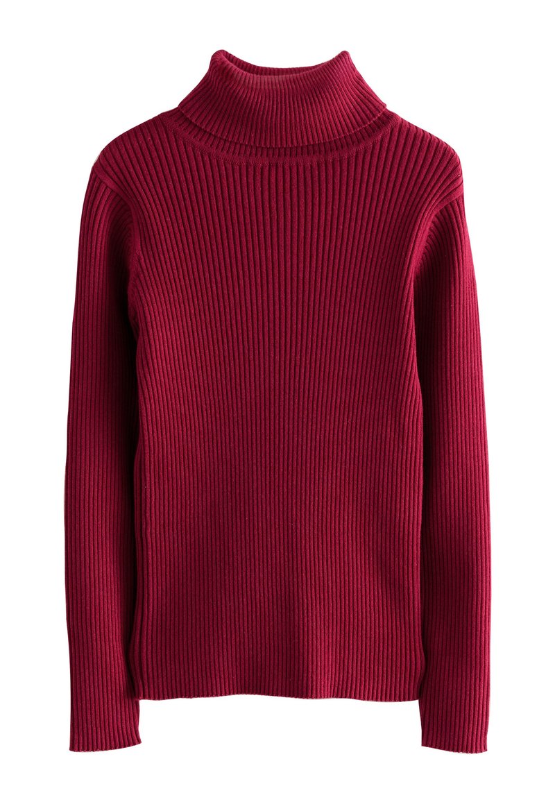 Maglione a collo alto color cremisi con costine e maniche lunghe. Presenta un colletto aderente e un motivo lavorato a maglia che aggiunge profondità.