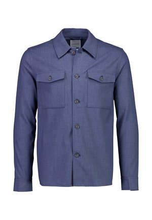 Blaues Jeanshemd mit Knopfleiste, zwei Brusttaschen, spitzem Kragen und langen Ärmeln mit geknöpften Manschetten. Glatte Textur mit einer strukturierten Passform.