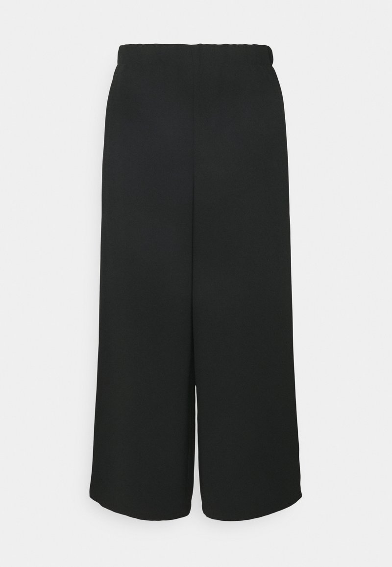 Pantalon noir taille haute à jambes larges avec une taille élastique, présenté sur un fond gris clair uni.