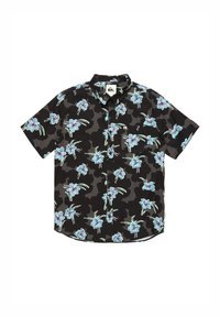 Cămașă cu mânecă scurtă, cu un model de camuflaj negru, având imprimeuri florale de culoare albastră deschisă, design cu guler și un buzunar pe piept.