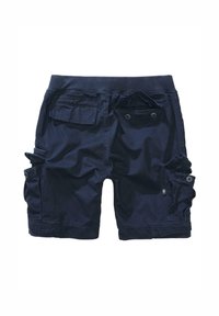 Pantaloni scurți cargo de culoare bleumarin, confecționați dintr-un material cu textură netedă. Prezintă mai multe buzunare, două butoane frontale și un design lejer.