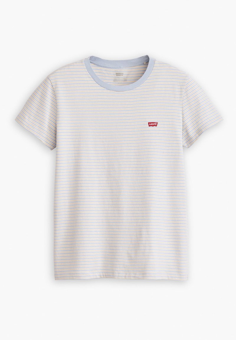 Gestreiftes Kurzarm-T-Shirt mit einem hellblauen und gelben Muster, ausgestattet mit einem blauen Rundhalsausschnitt und einem kleinen roten Levi's-Logo auf der Brust.