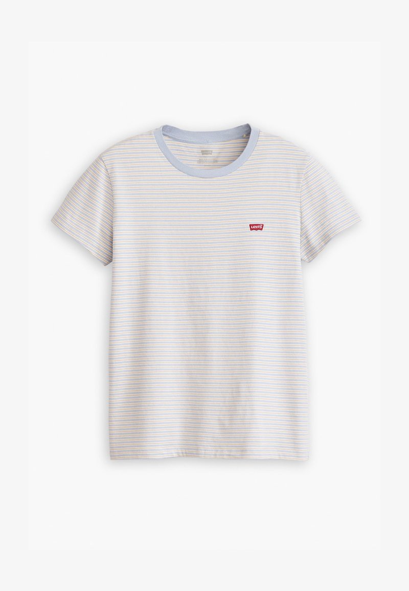 Gestreiftes Kurzarm-T-Shirt mit einem hellblauen und gelben Muster, ausgestattet mit einem blauen Rundhalsausschnitt und einem kleinen roten Levi's-Logo auf der Brust.