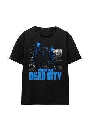 Black t-shirt featuring two characters holding weapons in front of urban buildings with blue text "The Walking Dead Dead City."