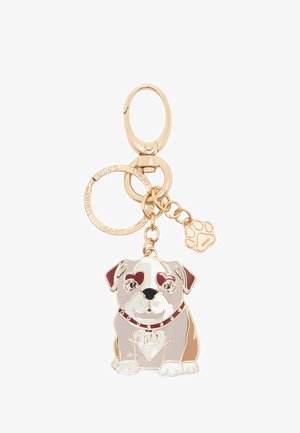 Portachiavi in tono dorato con un ciondolo a forma di cane stilizzato, arricchito da dettagli in smalto multicolore, tra cui un collare a forma di cuore e un ciondolo a forma di impronta di zampa.