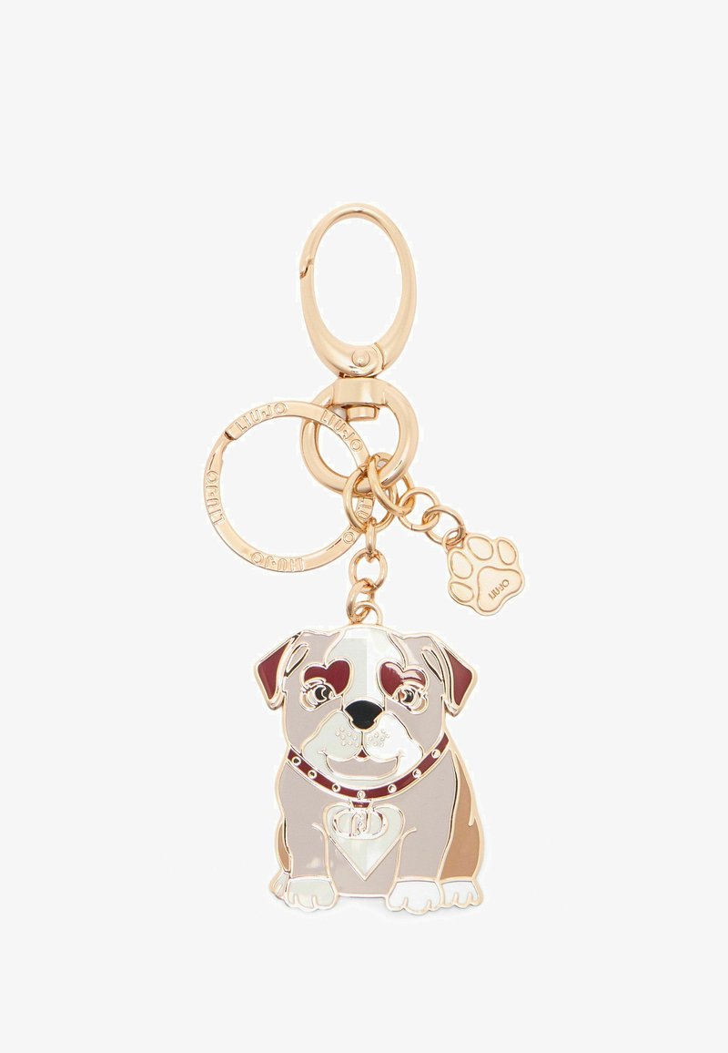 Gold-tone keychain featuring a stylized dog pendant with multicolored enamel detailing, including a heart-shaped collar and paw print charm.
