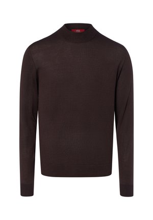 Dunkelbrauner Pullover mit langen Ärmeln, Stehkragen und gerippten Bündchen und Saum vor einfachem weißem Hintergrund.