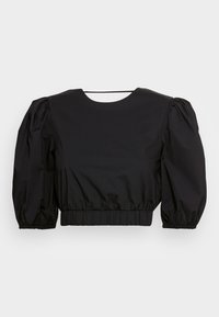Blusa preta curta com mangas curtas e bufantes, decote redondo e bainha elástica. Tecido suave com design minimalista.