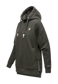 Sudadera con capucha de color gris oscuro, hecha de una tela suave. Presenta un diseño bordado, cuello con cordones y aberturas laterales para mayor libertad de movimiento.