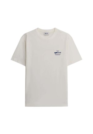 Hellbeige Baumwoll-T-Shirt mit Rundhalsausschnitt, kurzen Ärmeln und einem blauen Logo, das im linken Brustbereich aufgedruckt ist. Glatte Textur, lässiges Design.