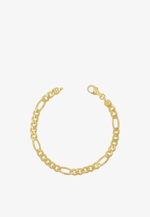 Bracciale a catena di colore oro con maglie ovali e piatte interconnesse, con chiusura a moschettone.
