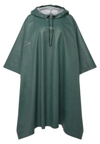 Grøn vandafvisende poncho med snoretræk i hætten, brede ærmer og en løs pasform. Glat tekstur med minimal detaljer.