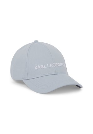 Casquette de baseball gris clair avec une visière courbée, présentant "KARL LAGERFELD" brodé en blanc sur le panneau avant.