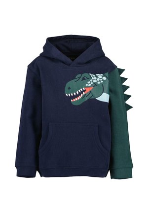 Granatowa dziecięca bluza z kapturem z zielonym nadrukiem głowy dinozaura z przodu i zielonym rękawem z materiałowymi kolcami przypominającymi ogon dinozaura.