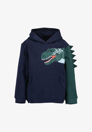 Marineblauer Kinder-Hoodie mit einer grünen Dinosaurierkopf-Grafik vorne und grünem Ärmel mit Stoffstacheln, die einem Dinosaurierschwanz ähneln.