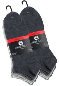 Calzini alla caviglia in confezione da cinque, con un colore grigio scuro e una sottile texture a coste. Dettagli sull'etichetta della taglia inclusi nella confezione.