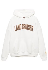 Fehér kapucnis pulóver, amelyen barna hímzett "LAND CRUISER" felirat található a mellkason. Elülső kenguruzseb, bordázott mandzsetták és logó részlet az ujján.