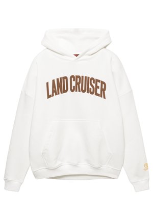 White hoodie featuring "LAND CRUISER" embroidered in brown across the chest. Front kangaroo pocket, ribbed cuffs, and logo detail on sleeve.
