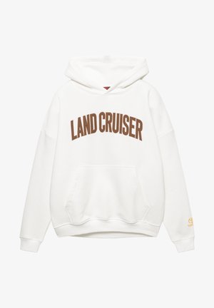 White hoodie featuring "LAND CRUISER" embroidered in brown across the chest. Front kangaroo pocket, ribbed cuffs, and logo detail on sleeve.