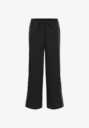 Pantalon noir à jambes larges avec taille élastique et cordon de serrage, doté de fines bandes latérales de couleur claire.