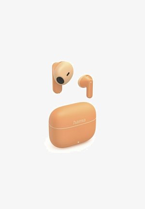 Hama wireless earbuds in pastel orange with a round shape and smooth finish. Includes a matching case with a logo and small LED indicator.