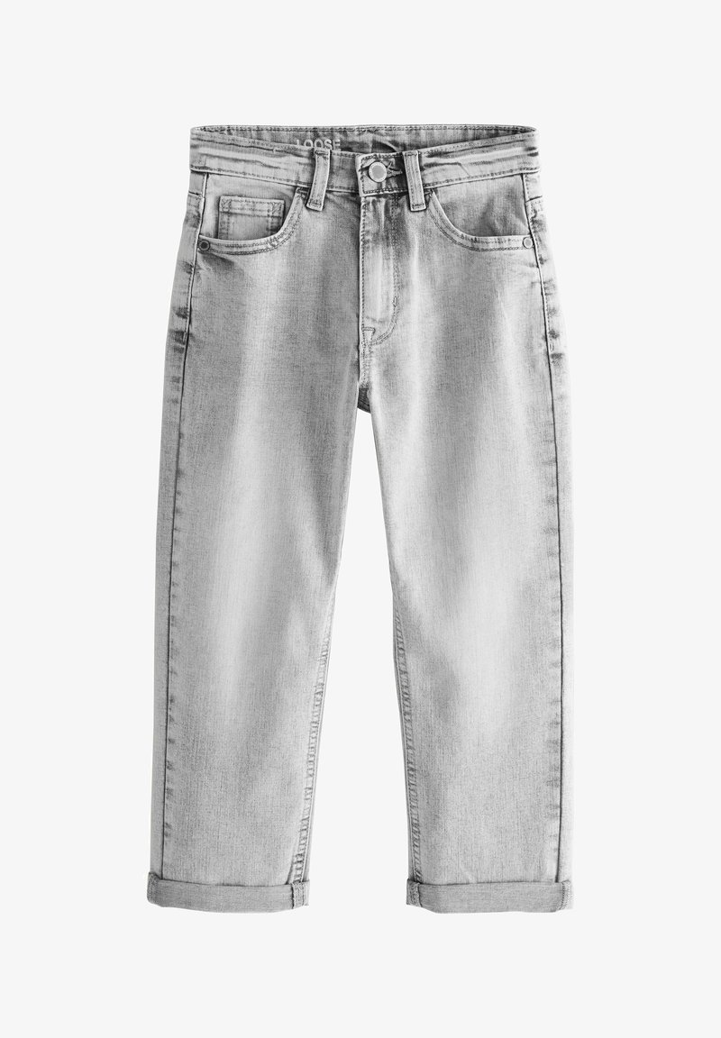 Locker sitzende graue Denim-Jeans mit glatter Textur, hochgekrempelten Säumen, zwei Vordertaschen und einem Knopf- und Reißverschluss.