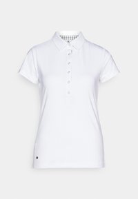 Hvit polo skjorte med krage, korte ermer, fem-knapps stolpe og rutete mønster inne i kragen. Har en liten logo på nederste kant.