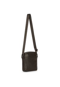 Borsa a tracolla in pelle marrone scuro con tracolla regolabile, caratterizzata dal marchio "Lancaster", chiusura con zip e una forma rettangolare elegante.