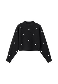 Pullover nero cropped con maniche lunghe, dotato di scollatura rotonda e decorazioni a forma di perle bianche sparse su tutto il tessuto.