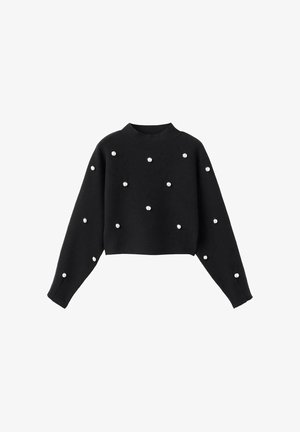 Pullover nero cropped con maniche lunghe, dotato di scollatura rotonda e decorazioni a forma di perle bianche sparse su tutto il tessuto.