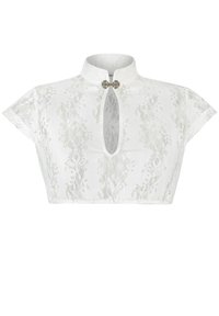 Weißes Spitzen-Crop-Top mit kurzen Volantärmeln, einem hohen Kragen und einem Schlüsselloch-Ausschnitt, versehen mit einem dekorativen Metallverschluss und floralem Muster.