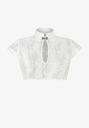 Weißes Spitzen-Crop-Top mit kurzen Volantärmeln, einem hohen Kragen und einem Schlüsselloch-Ausschnitt, versehen mit einem dekorativen Metallverschluss und floralem Muster.