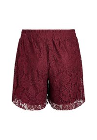 Burgundin väriset pitsishortsit, joissa on joustava vyötärö, kukkakuviot, aaltoileva helma ja puoliksi läpinäkyvä rakenne.