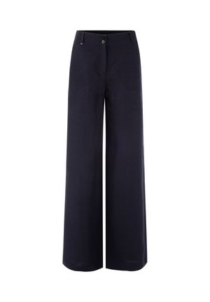 Granatowe, szerokie spodnie z wysokim stanem, z przodu zapinane na guziki i z szlufkami na pasek, przedstawione na białym tle.