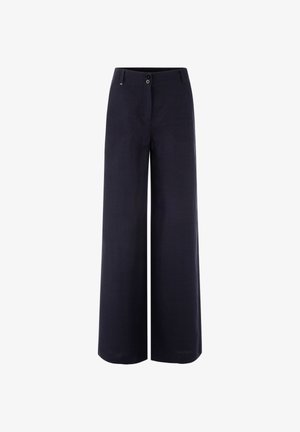 Granatowe, szerokie spodnie z wysokim stanem, z przodu zapinane na guziki i z szlufkami na pasek, przedstawione na białym tle.