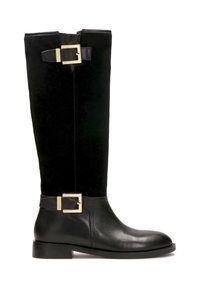 Knee-high black boots featuring a smooth leather lower section and a soft suede upper, accented with gold-tone buckle hardware.