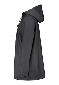 Waterproof gray rain jacket with a hood, featuring a smooth texture, long sleeves, and side pockets. Adjustable drawstring at the collar.