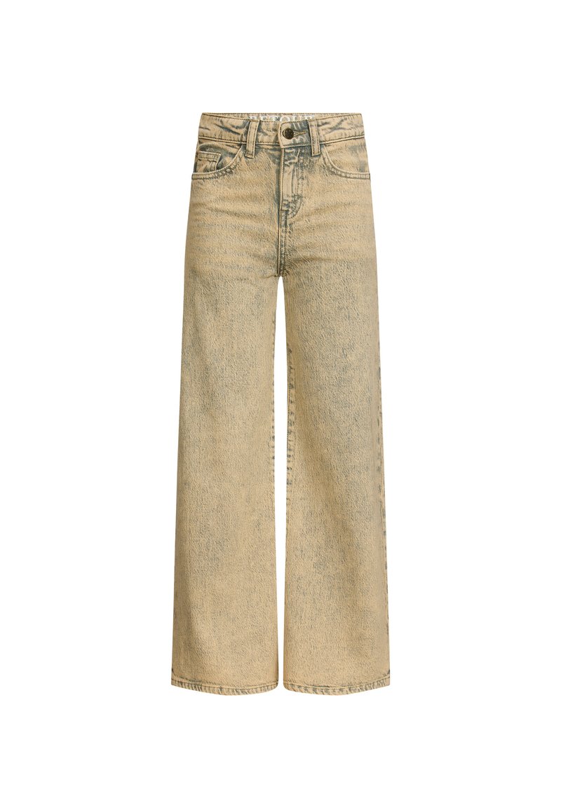 Jeans a gamba larga in denim beige chiaro, con una texture sbiadita, design tradizionale a cinque tasche e chiusura con bottoni.