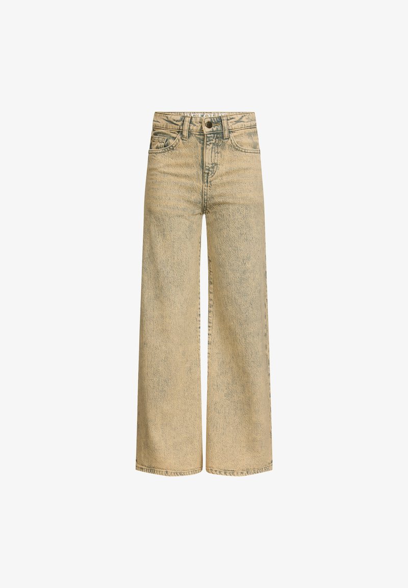 Wijdvallende jeans in lichtbeige denim, met een vervaagde textuur, een traditionele vijf-pocketontwerp en een knoopsluiting.