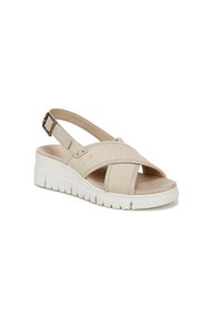 Beige slingback sandal with cross-strap design, textured fabric upper, cushioned insole, and a white, ridged platform sole. Adjustable buckle.