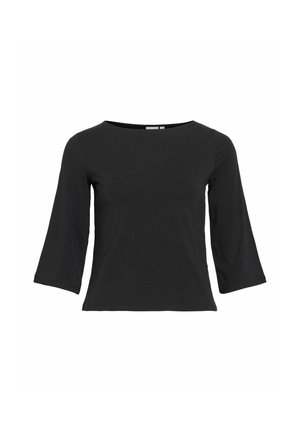 Haut noir pour femme avec manches trois-quarts et décolleté bateau, réalisé en tissu lisse avec une coupe légèrement courte.