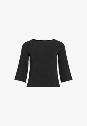 Must naise pikkade kolmeveerandvarrukatega topp paatkaelusega, valmistatud siledast kangast ja veidi lühendatud lõikega.