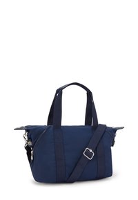 Navy blue handbag with dual top handles, adjustable shoulder strap, and visible silver zippers and hardware on a white background.