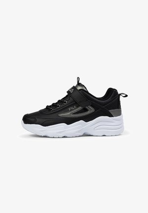Black and gray FILA sneaker with white chunky sole, lace-up and Velcro strap, shown from the side on a white background.